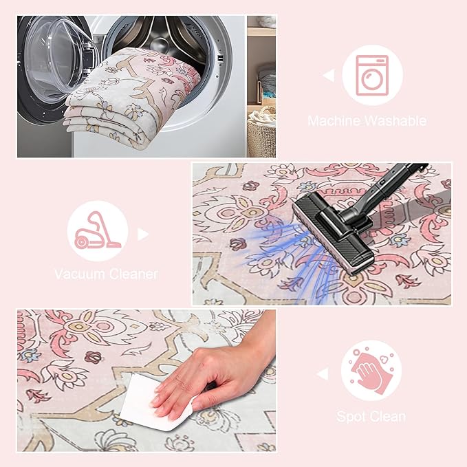 MOSISO 5x7 Area Rug for Living Room, Washable Area Rug, Non-Slip Vintage National Area Rugs, Low Pile Carpet, Faux Wool Rectangular Area Rugs Carpet for Living Room Bedroom Dining Room, Home, Pink