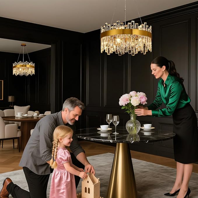 Crystal Chandeliers for Dining Room Lights Fixtures, 12 Lights Luxury Gold Modern Chandeliers for Bedroom, 2-Tier Round Crystal Lighting Fixtures for Living Room Entryway Kitchen Island D20 Inch