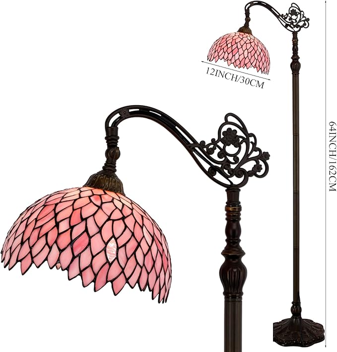 WERFACTORY Tiffany Floor Lamp Pink Stained Glass Wisteria Light 12X18X64 Inches Pole Torchiere Standing Corner Torch Uplight Decor Bedroom Living Room Home Office S523P Series