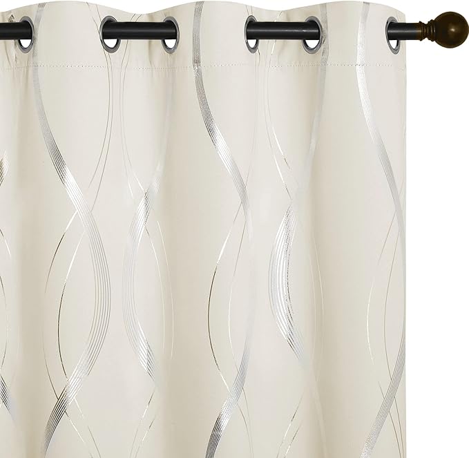NICETOWN Bedroom Curtains Small Blackout Panels, Beige, Set of 2, 42 by 40 Inch, Window Treatment Thermal Insulated Solid Grommet Blackout Wave Line Foil Print Design Curtains for Kitchen, Cafe, Loft
