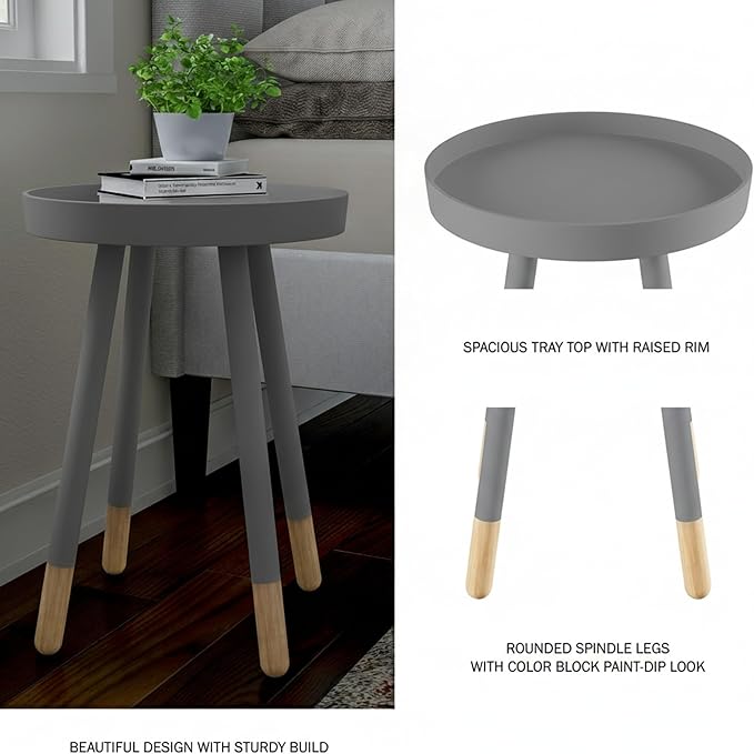 Lavish Home Round End Table - Wooden Mid-Century Modern Side Table with Tray Top and Two-Tone Color - Living Room Furniture (Gray)