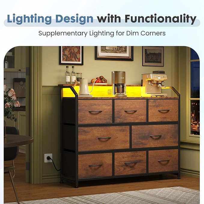 DUMOS TV Stand Dresser with 8 Fabric Drawers, 8-Drawer Chest of Drawers with APP Control LED Lights and Type-C Charging Station, Fabric Storage Tower TV Stand for Living Room, Brown