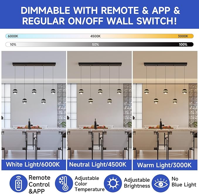 Modern LED Pendant Lights, Dimmable 36in Crystal Globe LED Chandelier Lighting, Black & Gold Dining Room Hanging Light Fixtures Kitchen Island Linear Pendant Light for Dining Table (3500lm)