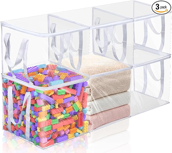 Wholelovein 6 PCS Clear Plastic Organizers 12''x12''x12'' Blanket Storage Bags with Zipper Storage Cube Tote with Reinforced Handles for Clothes Moving Supplies Linens Shoes Closet Toys Organizers