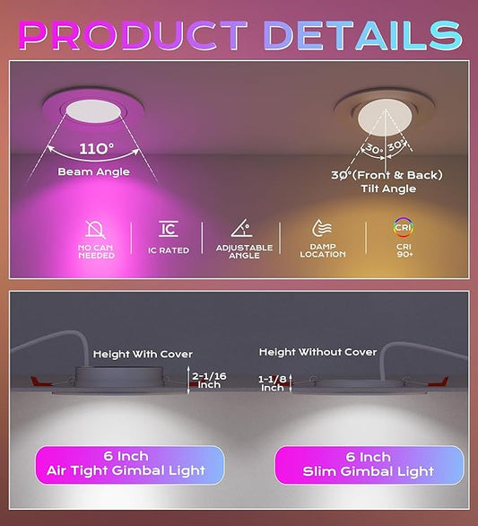 CLOUDY BAY [4 Pack] 6 inch Gimbal Smart WiFi LED Recessed Lights,RGBCW Color Changing,Compatible with Alexa and Google Home Assistant,No Hub Required,15W 2700K-6500K, IC Rated