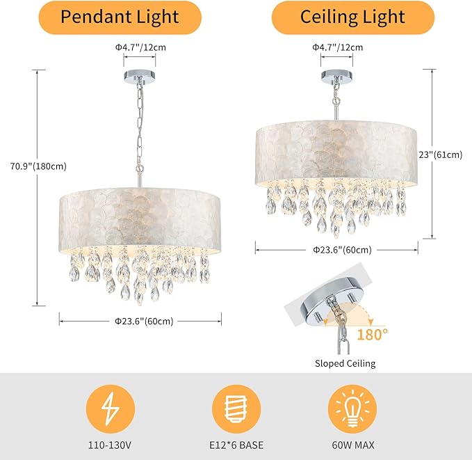 X-Large 6-Light Drum Capiz Shell Crystal Chandeliers, Coastal Style Pendant Light Fixture for Dining Room, Living Room, D24 x H23~71 inch(Adjustable), Shell Lampshade & Chrome Finish