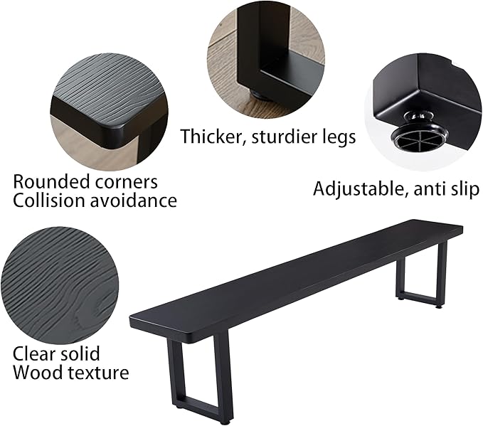 78in Black Solid Wood Dining Bench - Sturdy Metal Legs & Rounded Safety Corners | Modern Indoor Kitchen Bench for Dining Room & Entryway
