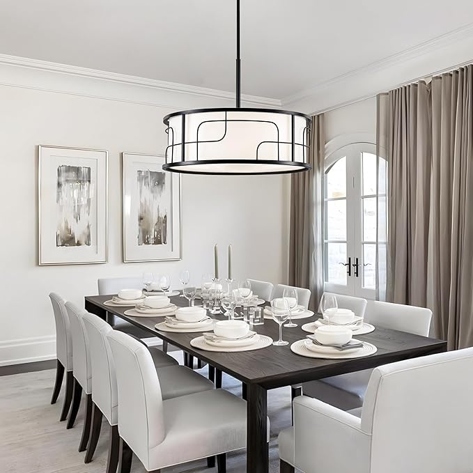 19.68" Drum Pendant Light - Black and White Linear Design Adjustable Chandelier for Dining Room, Kitchen Island, Living Room, Foyer (5 Lights)