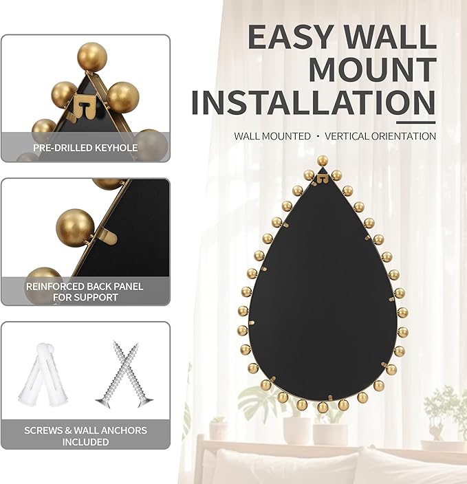 Antique Gold Teardrop Mirror Unique with Ball Frame – 24"x36" Beaded Large Decorative Ornate Wall Mirror for Bathroom, Bedroom, Living Room, Hallway