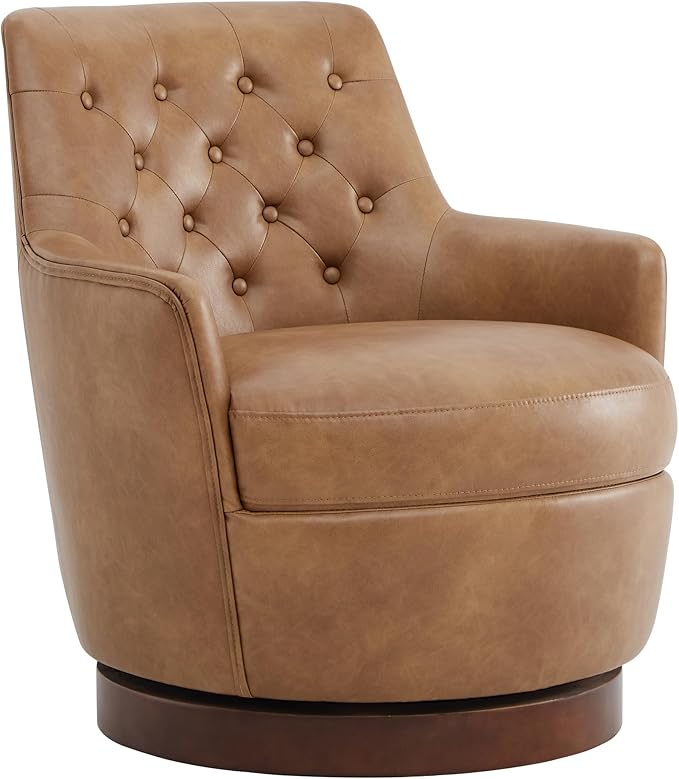 Watson & Whitely Swivel Barrel Accent Chair, Tufted Upholstered Arm Chair for Living Room and Bedroom, Faux Leather in Cognac Brown