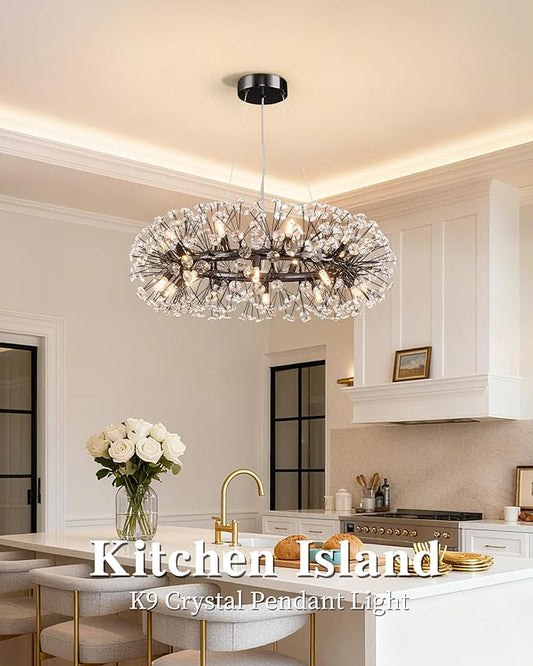 Modern Firework Chandelier, Farmhouse Black Crystal Round Dandelion Sputnik Chandeliers, 31.5" Contemporary 20-Light Pendant Hanging Lighting for Dining Room Kitchen Bedroom Living Room