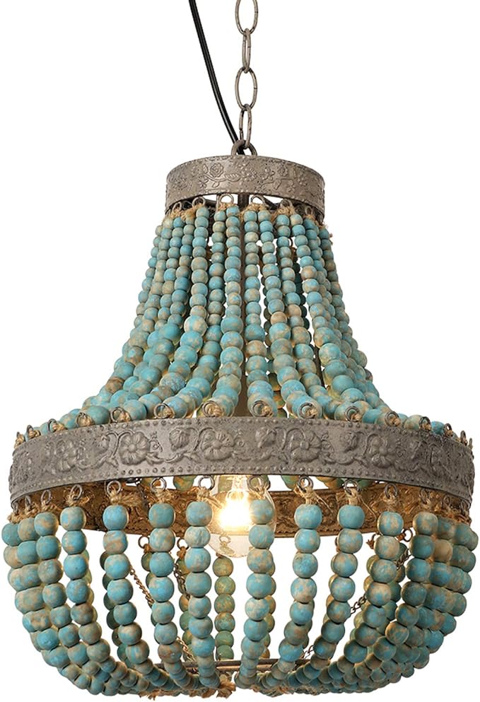 Newrays Wood Bead Chandelier Pendant Lights Gray Blue Finishing Retro Vintage Antique Rustic Kitchen Ceiling Lamp Light Fixtures