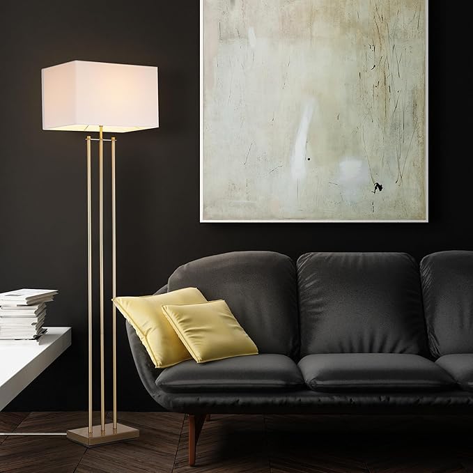Globe Electric x Novogratz 67775 62" Floor Lamp, Matte Brass, White Linen Shade, Rotary Switch on Socket, Minimalist Lighting for Living Room, Bedroom or Office, Tall Corner Reading Light