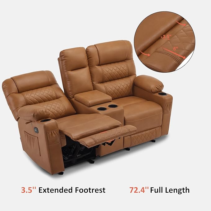 MCombo Zero Gravity Power Loveseat Recliner with Console, Heat and Vibration Massage, Reclining Loveseat Sofa with USB Ports, Cup Holders for Living Room, Faux Leather PR622Sets (Saddle)