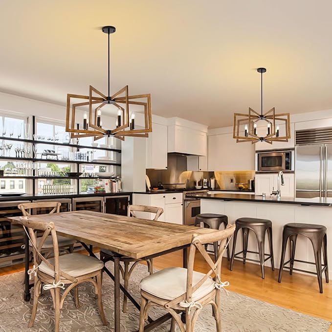27.6" Chandelier for Dining Room, 8-Light Wood Grain Farmhouse Dining Room Light Fixture Over Table, Industrial Hanging Pendant Lights Fixture for Kitchen Island, Living Room, Foyer, Entryway