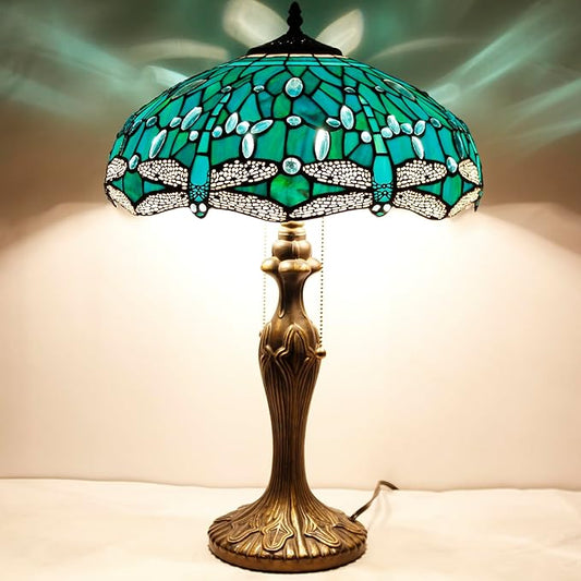 WERFACTORY Tiffany Table Lamp Green Stained Glass Dragonfly Bedside Lamp 16X16X24 Inches Desk Reading Light Metal Base Decor Bedroom Living Room Home Office S622 Series
