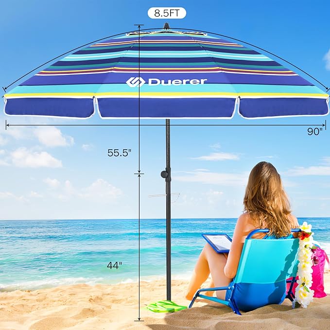 Duerer Beach Umbrellas, 8.5FT Beach Umbrella for Sand with Anchor Heavy Duty Windproof, Height Adjustable Tilt Iron Pole, Portable Beach Umbrella with Carrying Bag for Beach, Patio Garden Outdoor