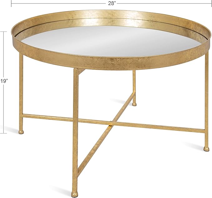 Kate and Laurel Celia Metal Foldable Round Accent Coffee Table, 28.25" x 28.25" x 19", Mirrored Surface and Gold Frame, Modern Minimalist Design and Detachable Magnetic Tabletop