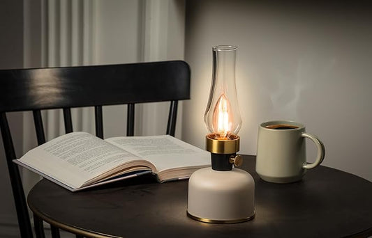 Abbott Collection Lantern LED Lamp with Chimney, Portable Table Light - Metal/Glass, Ivory (10.5" H)