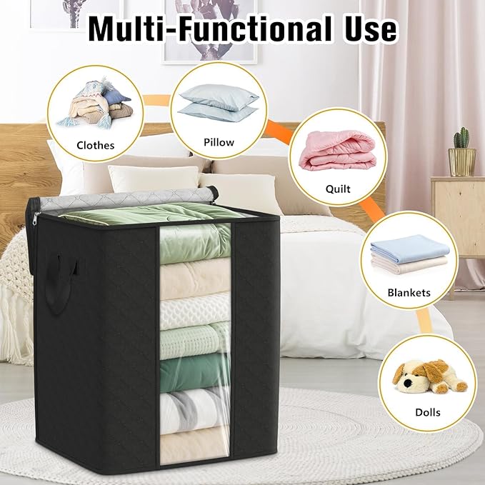 Clothes Storage Bags, 4-Pack Comforter Blanket Organizers, 80L Large Capacity Containers with Visual Window for Clothing, Quilt, Sheet, Pillow, Closet Organization for Bedding (Black)