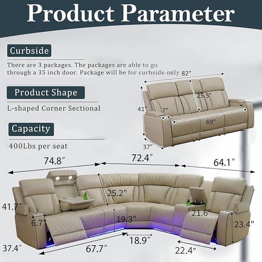Power Recliner Sectional Sofa Set, Beige Leather Sectional Couch and 3 Seater Sofa for Living Room, L Shape Reclining Sofa with Cup Holder, Hidden Storage, Drop-Down Table for House(9 Seat)