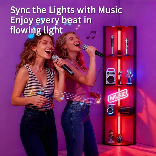 RGBCW Floor Lamp with Shelves, LED Smart Modern Floor Lamp with Music Sync, Color Changing Corner Display Shelf Lamp, Standing Lamp with Shelves for Living Room and Bedroom, Office, Black