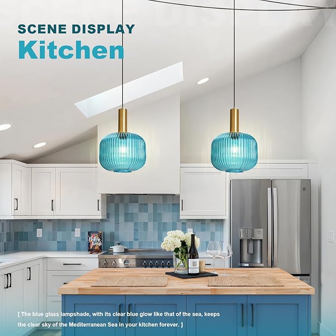 Hanging Pendant Light Plug in, 2 Pack Blue Ribbed Glass Pendant Lighting with Plug in Cord, Mid Century Modern Gold Plug in Hanging Light Fixtures for Kitchen Island Dining Room Bedroom