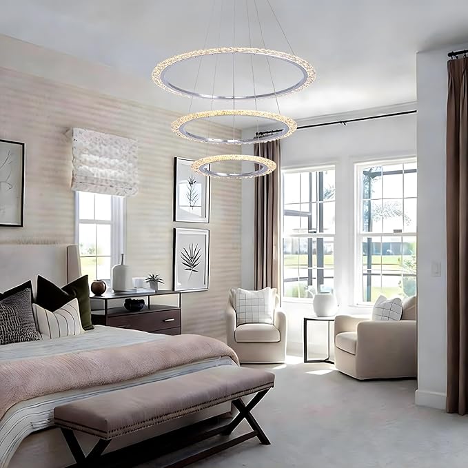 Modern LED Chandelier 𝐃𝟑𝟏.𝟓" 3 Ring Crystal Chandeliers for Dining Room Ceiling Lighting Fixture Adjustable Height Round Pendant Lights Silver Ring Chandelier for Living Room Bedroom