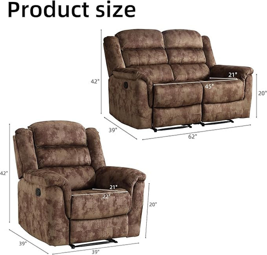 EBELLO 2 Pieces Loveseat Reclining Couch Furniture Set, Soft Fabric Manual Recliner Sofa Home Theater Seating, Manual Recliner and Wide 2PC Bonded Sofa Set for Living Room, Brown