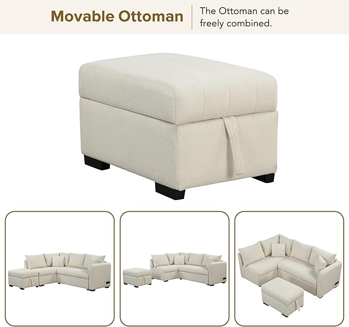 Merax Sofa Bed Sleeper Couch L Shaped Sofa with Storage Ottoman, L-Shape Sectional Couch with 2 USB Ports, 2 Power Sockets for Living Room and Small Apartment (Beige)