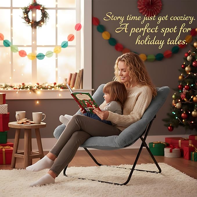 Comfy Folded Chair, Soft Faux Fur Oversized Folding Accent Chair, Flexible Lazy Chair for Adults Kids, Metal Frame Moon Chair for Dorm Room, Bedroom, Living Room