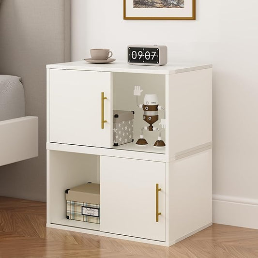 White Nightstand with Sliding Door, 2 Pcs Stackable Cubby Storage Organizers, Wood Dressers for Closet, Modern Storage Cubes for Living Room and Bedroom
