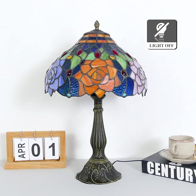 Tiffany Table Lamp Stained Glass Peony Flower Style Table Light, 12" Wide 19" Tall Handmade Bedside Table Night Lamp, Antique Art Craft Gifts for Living Room Bedroom Study Bookcase Desk Light