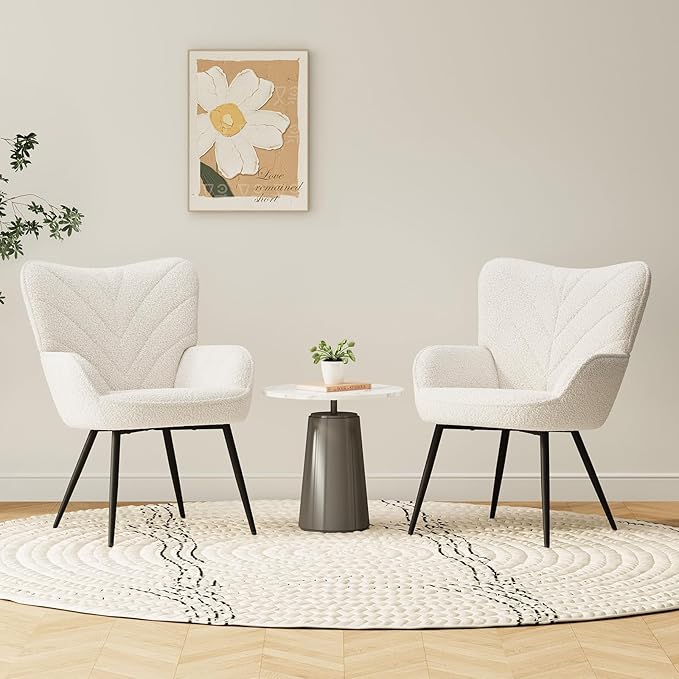 Mid-Century Modern Beige Sherpa Accent Chair, Upholstered Armchair for Living Room/Bedroom/Reading Corner, Curved Back & Padded Seat, High-Density Cushion, Soft Cozy Fabric,Set of 2