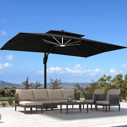 Deconk 10' X 13' Patio Umbrella with LED Lights Outdoor Cantilever Large Rectangle Offset Umbrellas Heavy Duty Aluminum Double Top with 360-degree Rotation for Pool Garden Deck, Black