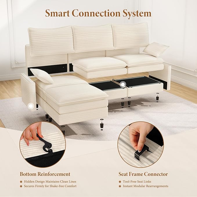 Vesgantti 101" V-Shaped Corner Couch Sectional, 7 Seat Customizable Modular Cloud Couches with Movable Ottoman, Corduroy Deep Seat Sofa Set with Chaise for Living Room, Bedroom and Apartment, Beige | Sink-in Comfort, Height Adjustable, Easy Rearrangeme...