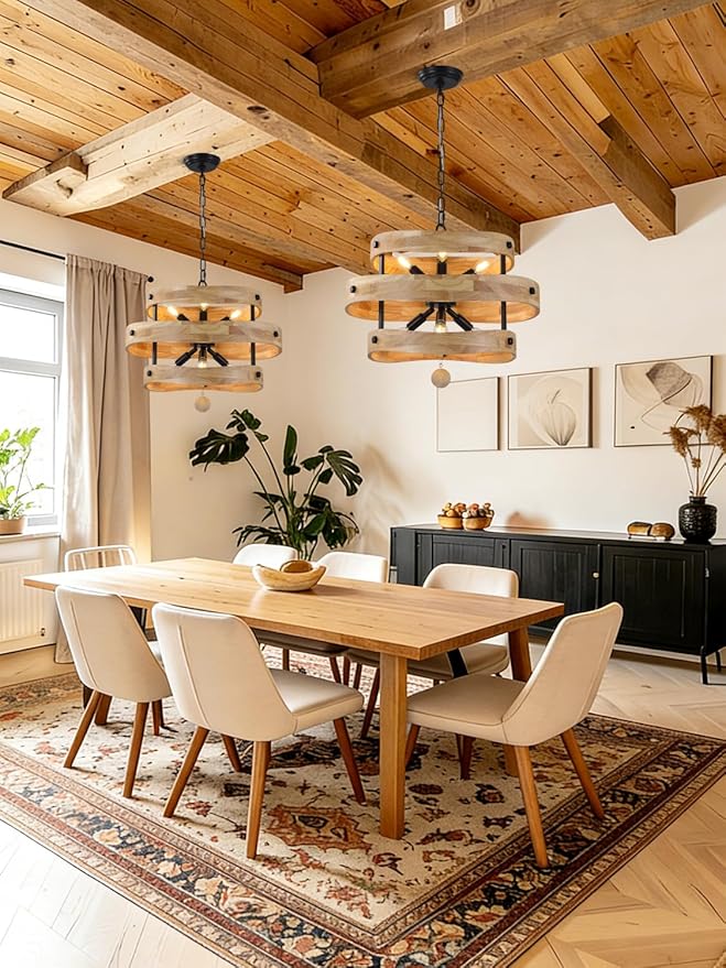 20" Farmhouse Chandelier with Light, 6-Light Rustic Drum Chandelier Over Table, Wood Dining Room Light Fixtures for Kitchen Island Living Room Entryway