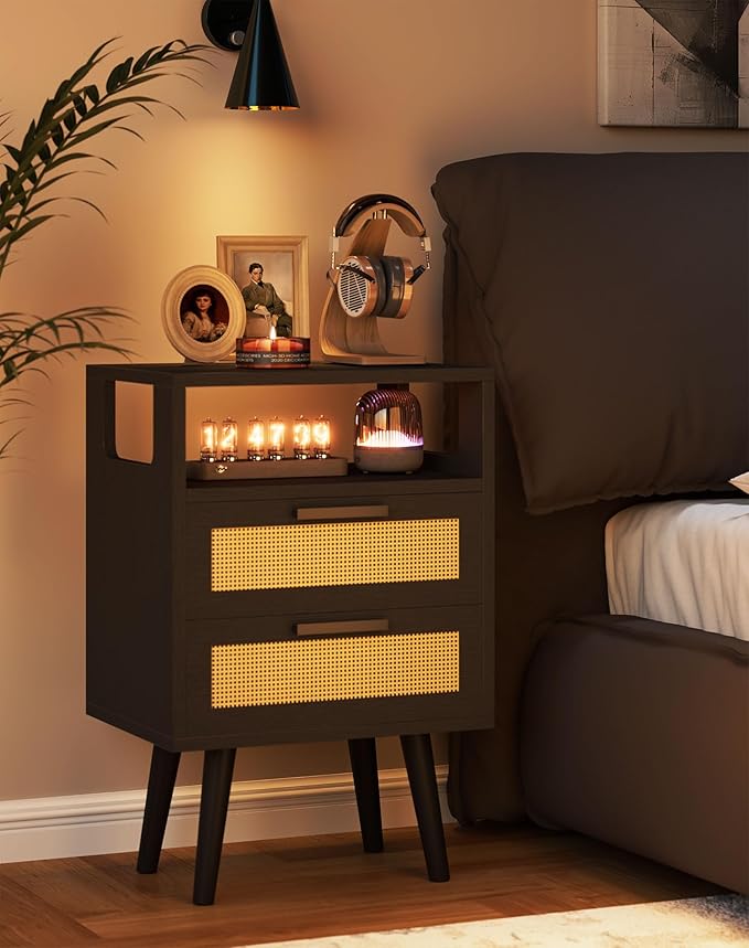YMYNY Rattan Nightstand Set of 2, Boho Side Table with 2 Drawers, Open Shelf Unit with Arched Design, Solid Wood Legs, Storage Cabinet for Bedroom, Black UHST015B-2
