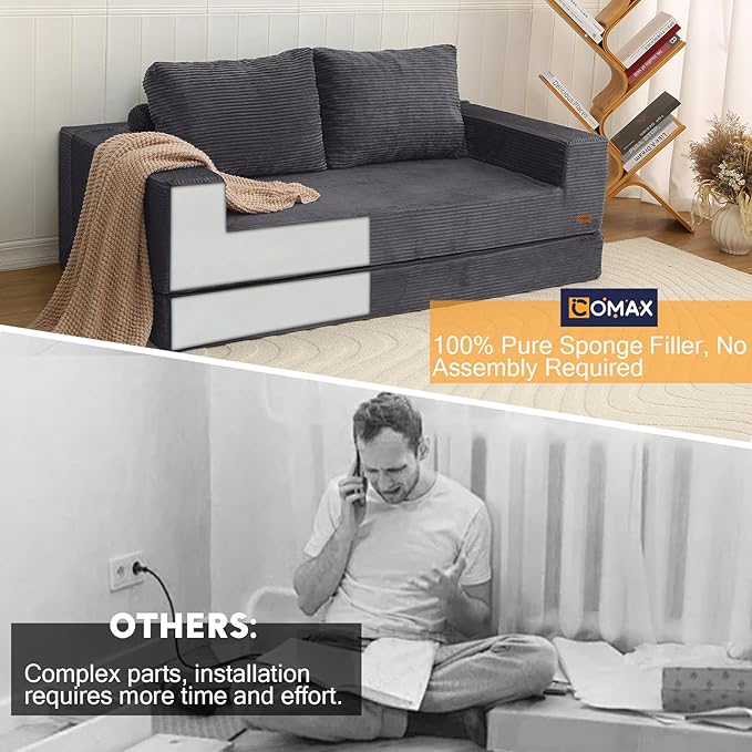 COMAX Futon Sofa Bed, 4‑in‑1 Convertible Sofa Bed, Boneless Couches for Living Room, Fold Out Small Foldable Loveseat Space‑Saving, Grey