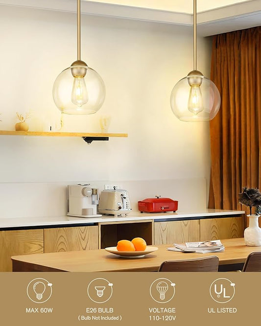 Emak 3 Pack Pendant Lights Kitchen Island, Gold Pendant Light Fixtures with Clear Glass Shade, Modern 8 Inch Globe Hanging Lights for Kitchen, Bedroom, Bar, PL121-GD-3PK