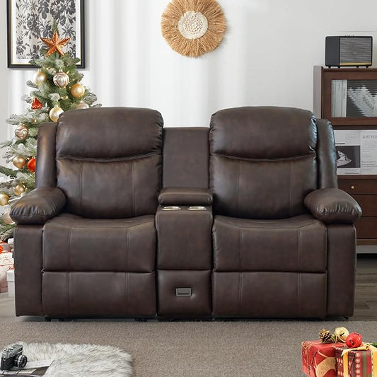 Loveseat Recliner Sofa, PU Leather Sofa Couch, Manual Recliner Loveseat with Console, Double Reclining RV Sofa with Cup Holders and Side Pocket for Living Room/Office/Apartment (Brown) | Heating & Massage, Hidden Drawer