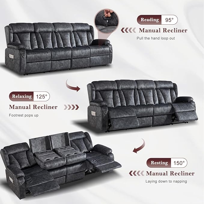 97.6" Manual Reclining Loveseat Sofa - Wall Hugger 4 Seat Loveseat Recliner with Console, Fold-Down Table and Built-in Outlets, Recliner Couch for Living Room RVs Home Theater Seating