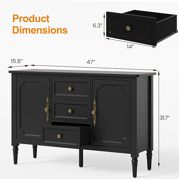 RoyalCraft Buffet Cabinet with 3 Drawers & 2 Doors, Vintage Sideboard with Storage, Mid Century Modern Painted Coffee Bar Table for Entryway, Living Room, Dining Room, Black
