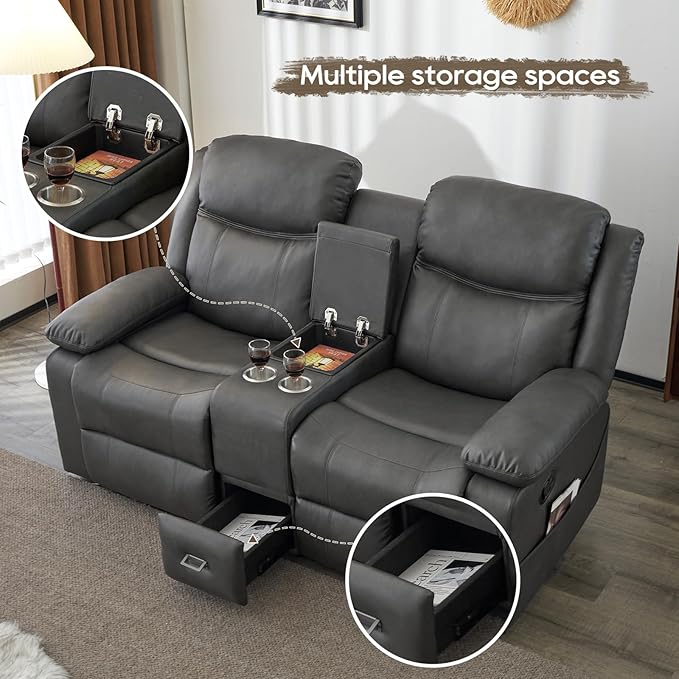 Loveseat Recliner Sofa, PU Leather Sofa Couch, Manual Recliner Loveseat with Console, Double Reclining RV Sofa with Cup Holders and Side Pocket for Living Room/Office/Apartment (Grey) | Heating & Massage, Hidden Drawer