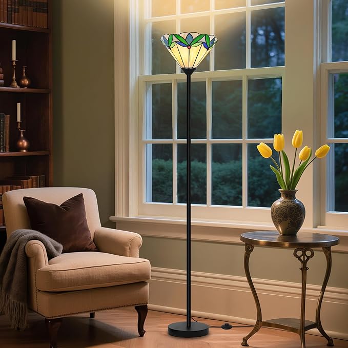 Floor Lamp with Tree Leaf Stained Glass Shade, Torchiere Floor Lamp, Tall Corner Pole Lamp with Foot Switch, Vintage Style Decorative Standing Reading Light for Living Room Bedroom(E26 Base)