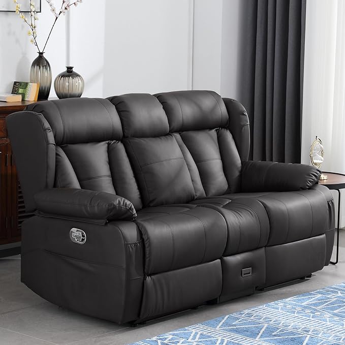 72.8" Manual Reclining Loveseat Sofa - Wall Hugger Double Loveseat Recliner with Console, Fold-Down Table and Built-in Outlets, Manual Recliner Chair for Living Room RVs Home Theater (Black)