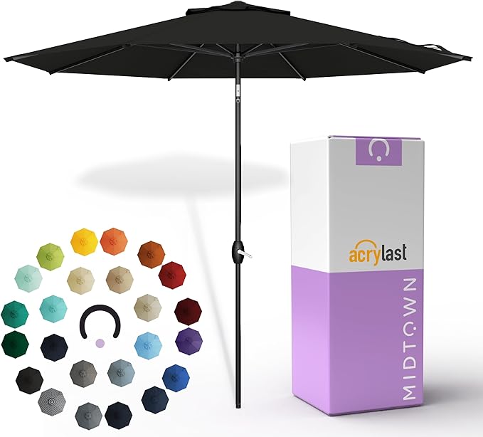 Midtown Umbrellas - The Lean 8 Ft Patio Umbrella with Acrylast Acrylic Fabric, Auto-Tilt Aluminum Frame & 8 Sturdy Ribs - Outdoor Umbrella for Deck, Pool, Hotel & Cafes - Eclipse Canopy, Black Pole