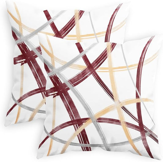 CaliTime Throw Pillow Cases Pack of 2 Cozy Fleece Arc-Shaped Abstract Geometric Lines Decorative Cushion Covers for Couch Bed Sofa Farmhouse Decoration 18 X 18 Inches Burgundy Dusty Pink Grey