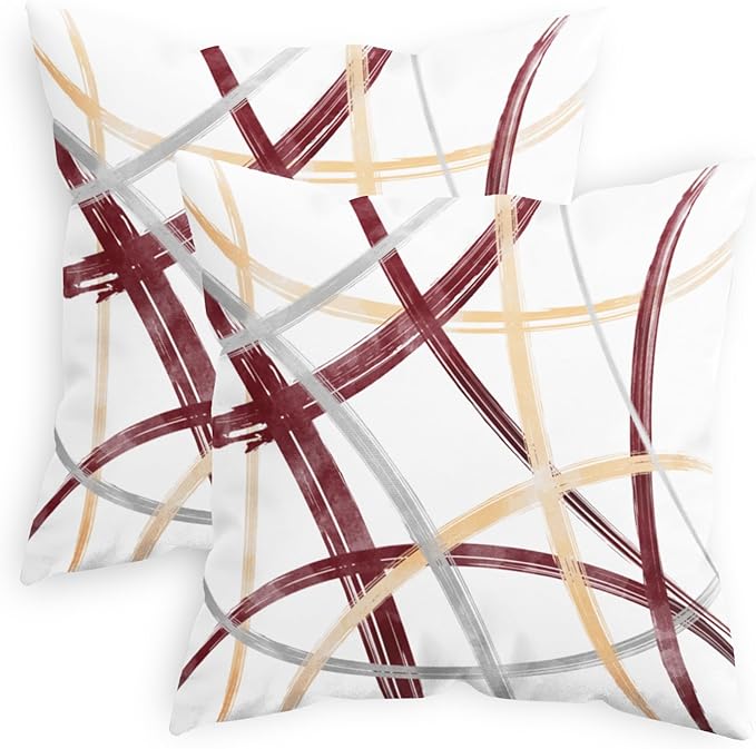 CaliTime Throw Pillow Cases Pack of 2 Cozy Fleece Arc-Shaped Abstract Geometric Lines Decorative Cushion Covers for Couch Bed Sofa Farmhouse Decoration 16 X 16 Inches Burgundy Dusty Pink Grey