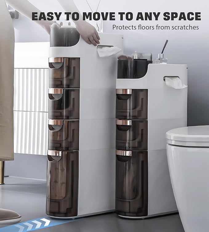 4-Tiers Slim Bathroom Storage Cabinet, Waterproof Narrow Floor Cabinet with Tissue Box and Wheels, Skinny Storage Organizer with Drawers for Small Spaces, Bathroom, Kitchen, Bedroom, 6.7″